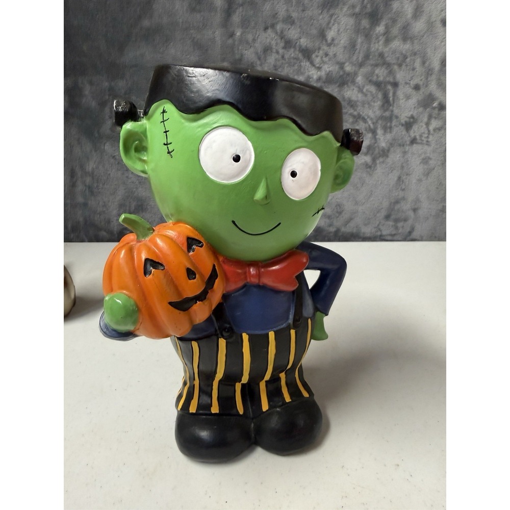 Ceramic Frankenstein Halloween Planter Figurine Holding Pumpkin 10"